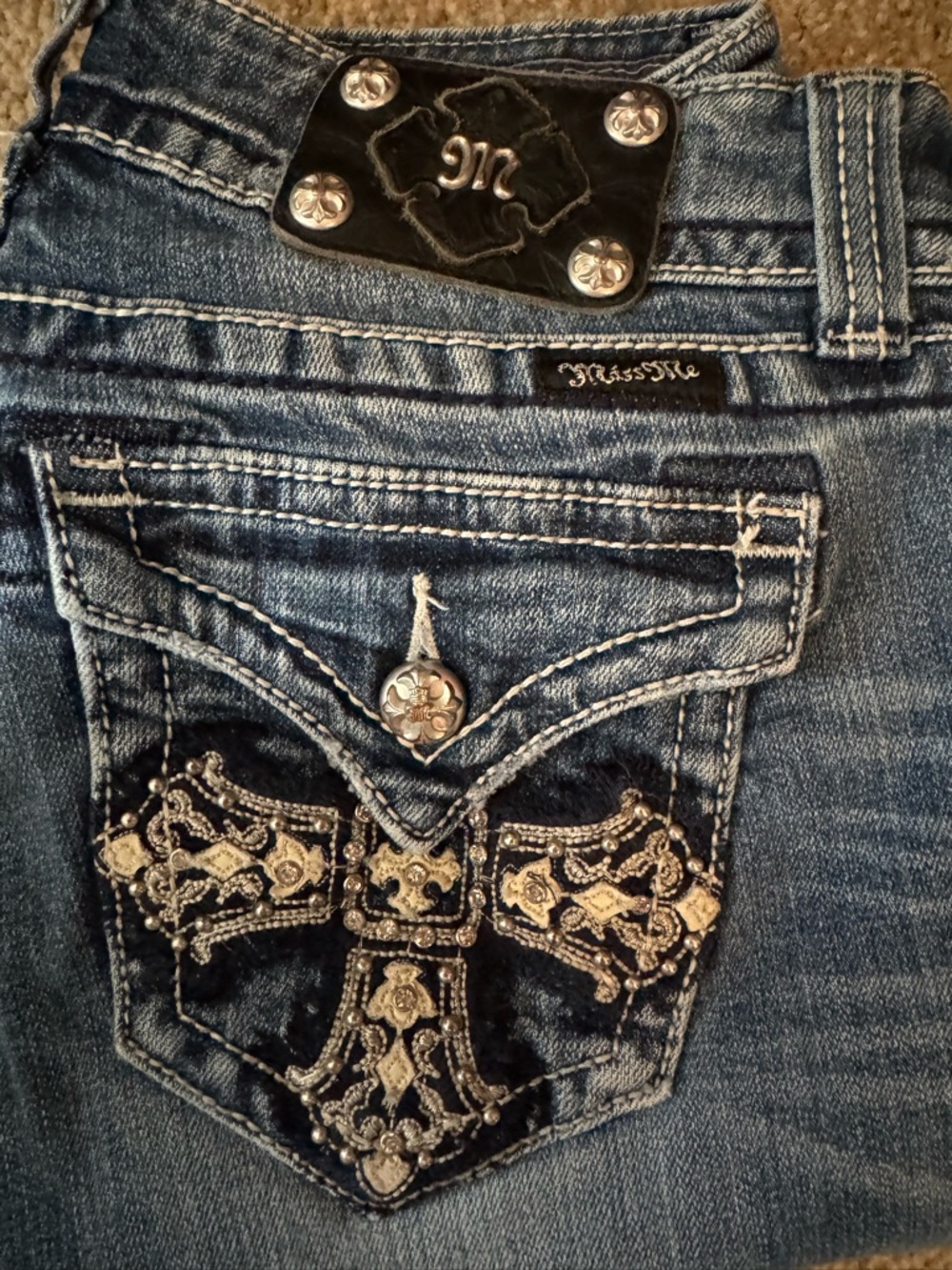 Miss Me Blue Denim Bootcut Jeans with Embroidered Cross Pocket